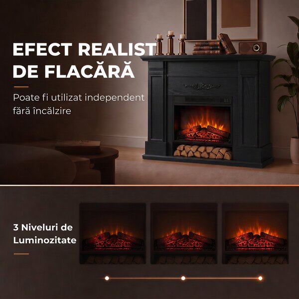 HOMCOM Șemineu electric de podea/încastrat, cu ramă și raft pentru TV 55 inch, 1800W, efect flacără 3D, timer, negru | Aosom Romania