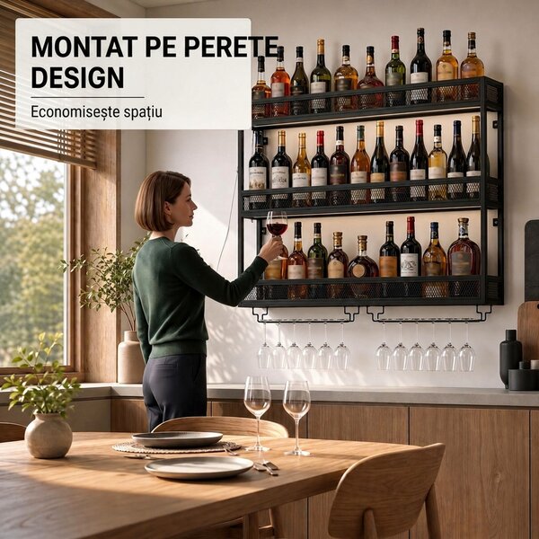 HOMCOM Suport de perete pentru vin cu LED, stil industrial, metal negru | Aosom Romania