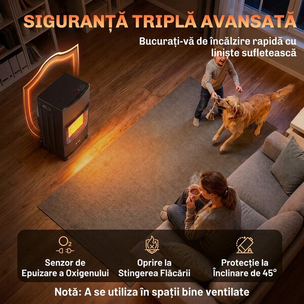 Outsunny Sobă pe Gaz 4,2 kW, 3 Trepte de Căldură, ODS, Oprire la Stingerea Flăcării, Anti-răsturnare | Aosom Romania
