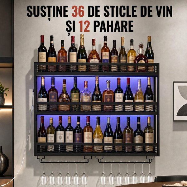 HOMCOM Suport de perete pentru vin cu LED, stil industrial, metal negru | Aosom Romania
