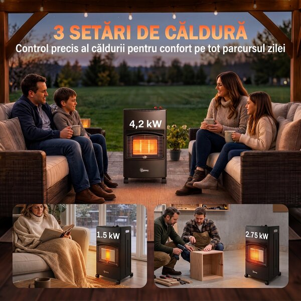 Outsunny Sobă pe Gaz 4,2 kW, 3 Trepte de Căldură, ODS, Oprire la Stingerea Flăcării, Anti-răsturnare | Aosom Romania