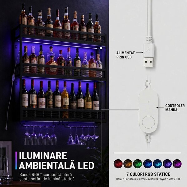HOMCOM Suport de perete pentru vin cu LED, stil industrial, metal negru | Aosom Romania