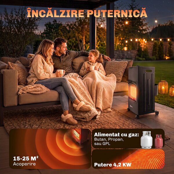 Outsunny Sobă pe Gaz 4,2 kW, 3 Trepte de Căldură, ODS, Oprire la Stingerea Flăcării, Anti-răsturnare | Aosom Romania