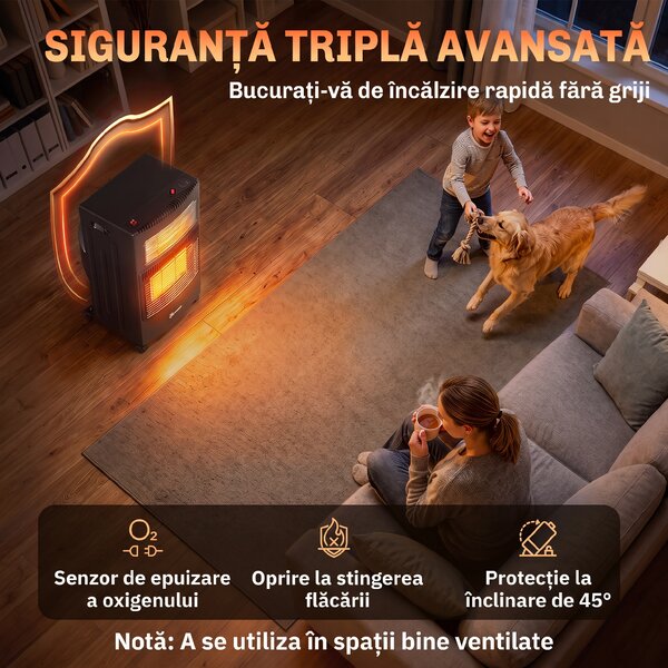 Outsunny Sobă pe gaz portabilă pliabilă 4,2 kW, neagră | Aosom Romania