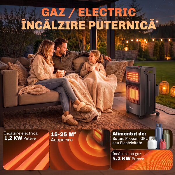 Outsunny Sobă pe gaz portabilă pliabilă 4,2 kW, neagră | Aosom Romania