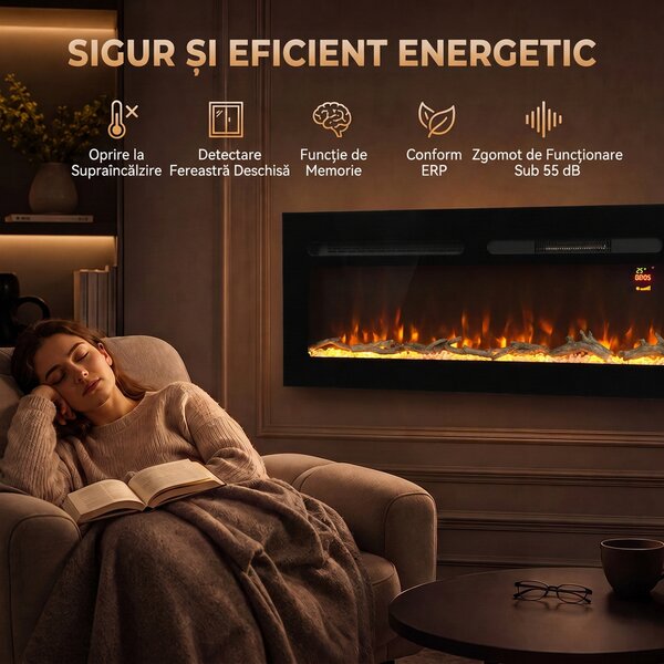 HOMCOM Șemineu electric de 170 cm, încastrabil sau de perete, 1500 W, timer 24 ore, flacără reglabilă, cristale | Aosom Romania