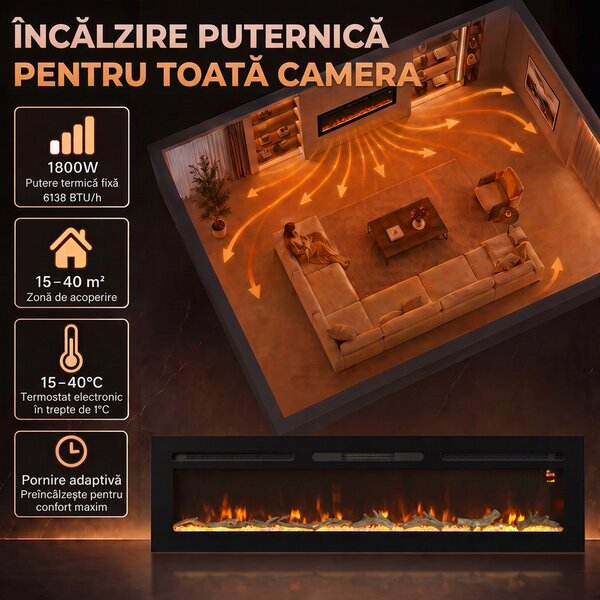 HOMCOM Șemineu electric de 170 cm, încastrabil sau de perete, 1500 W, timer 24 ore, flacără reglabilă, cristale | Aosom Romania