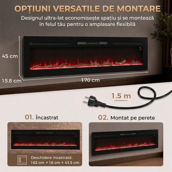 HOMCOM Șemineu electric de 170 cm, încastrabil sau de perete, 1500 W, timer 24 ore, flacără reglabilă, cristale | Aosom Romania