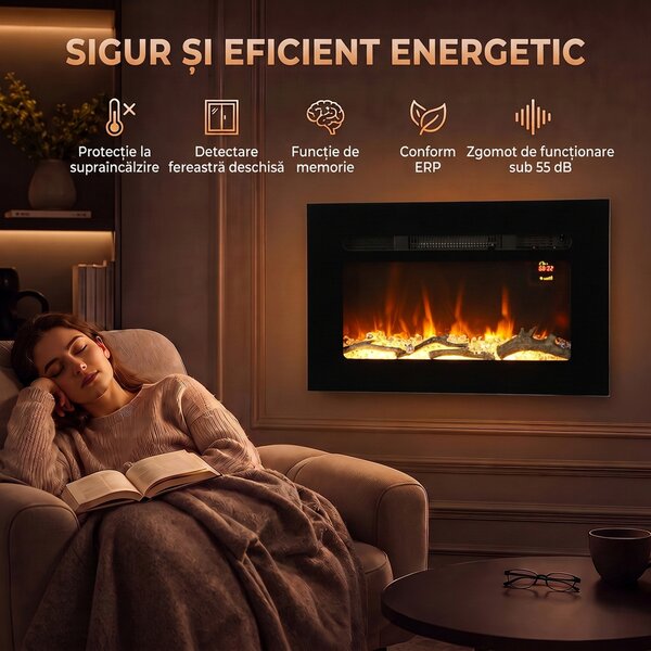 HOMCOM Șemineu Electric de 60 cm, Încastrat sau de Perete, 1800 W, Temporizator 24 de Ore, Flacără Reglabilă, Cristale | Aosom Romania