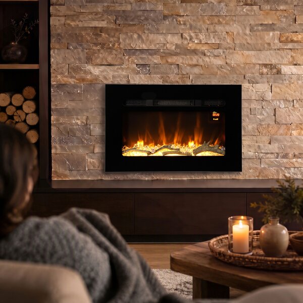 HOMCOM Șemineu Electric de 60 cm, Încastrat sau de Perete, 1800 W, Temporizator 24 de Ore, Flacără Reglabilă, Cristale | Aosom Romania