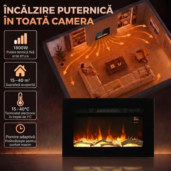 HOMCOM Șemineu Electric de 60 cm, Încastrat sau de Perete, 1800 W, Temporizator 24 de Ore, Flacără Reglabilă, Cristale | Aosom Romania