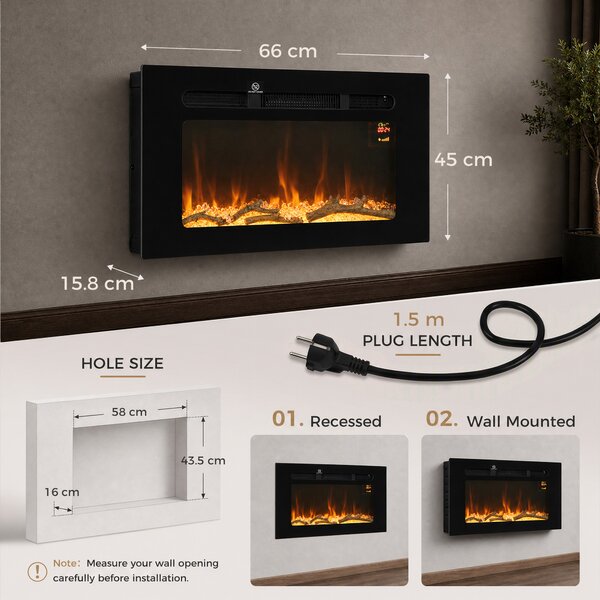 HOMCOM Șemineu Electric de 60 cm, Încastrat sau de Perete, 1800 W, Temporizator 24 de Ore, Flacără Reglabilă, Cristale | Aosom Romania
