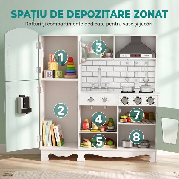 AIYAPLAY Bucătărie din lemn pentru copii, cu lumini, sunete, accesorii, frigider, cuptor și aparat de cafea, verde deschis | Aosom Romania