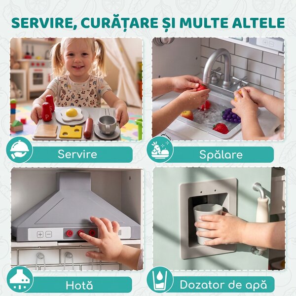 AIYAPLAY Bucătărie din lemn pentru copii, cu lumini, sunete, accesorii, frigider, cuptor și aparat de cafea, verde deschis | Aosom Romania