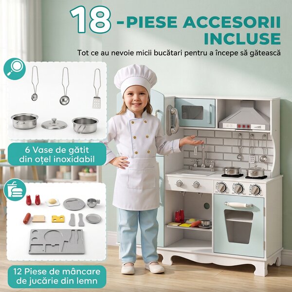 AIYAPLAY Bucătărie din lemn pentru copii, cu lumini, sunete, accesorii, frigider, cuptor și aparat de cafea, verde deschis | Aosom Romania