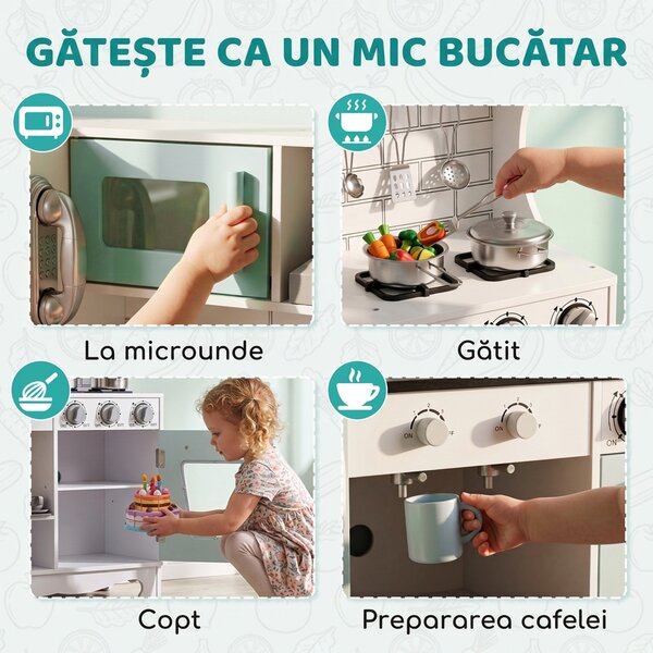 AIYAPLAY Bucătărie din lemn pentru copii, cu lumini, sunete, accesorii, frigider, cuptor și aparat de cafea, verde deschis | Aosom Romania