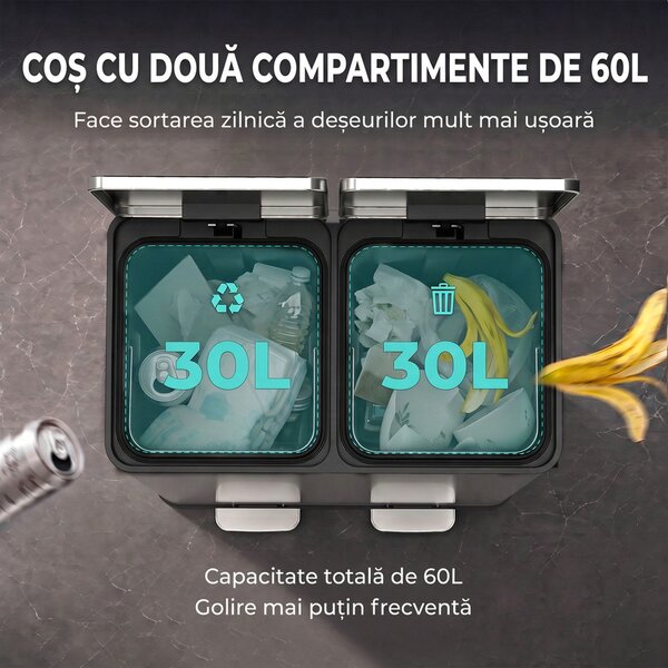 HOMCOM Coș de gunoi pentru bucătărie 2 x 30 L, cu pedală, din oțel inoxidabil, cu recipiente detașabile și închidere lentă, argintiu | Aosom Romania