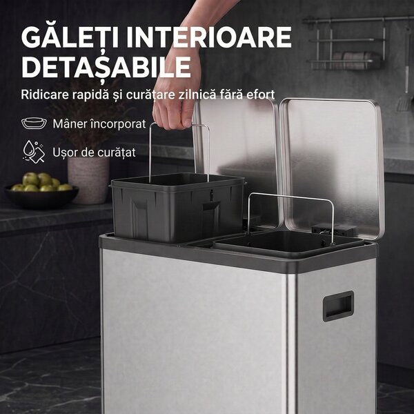 HOMCOM Coș de gunoi pentru bucătărie 2 x 30 L, cu pedală, din oțel inoxidabil, cu recipiente detașabile și închidere lentă, argintiu | Aosom Romania