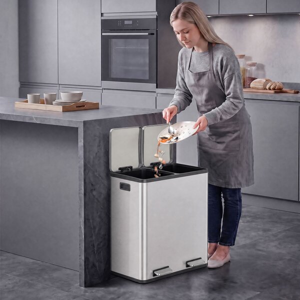 HOMCOM Coș de gunoi pentru bucătărie 2 x 30 L, cu pedală, din oțel inoxidabil, cu recipiente detașabile și închidere lentă, argintiu | Aosom Romania