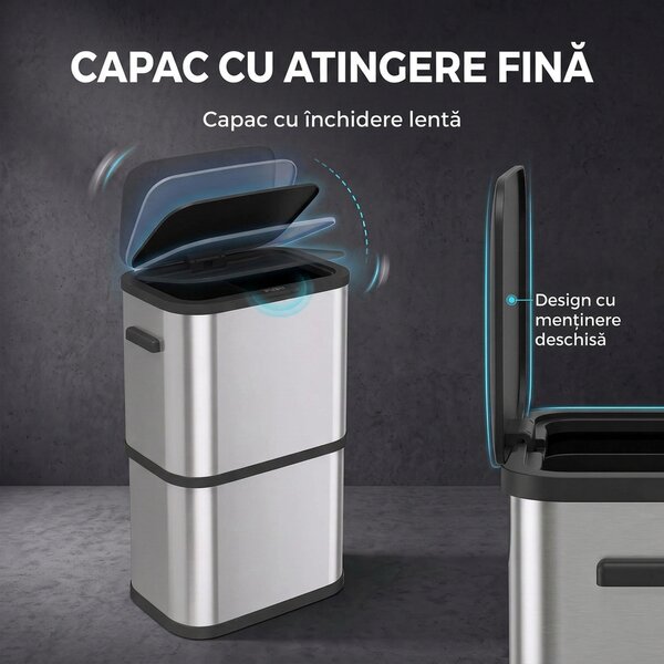 HOMCOM Coș de gunoi dreptunghiular 60L din oțel inoxidabil cu capac, închidere amortizată, fixare sac, argintiu | Aosom Romania