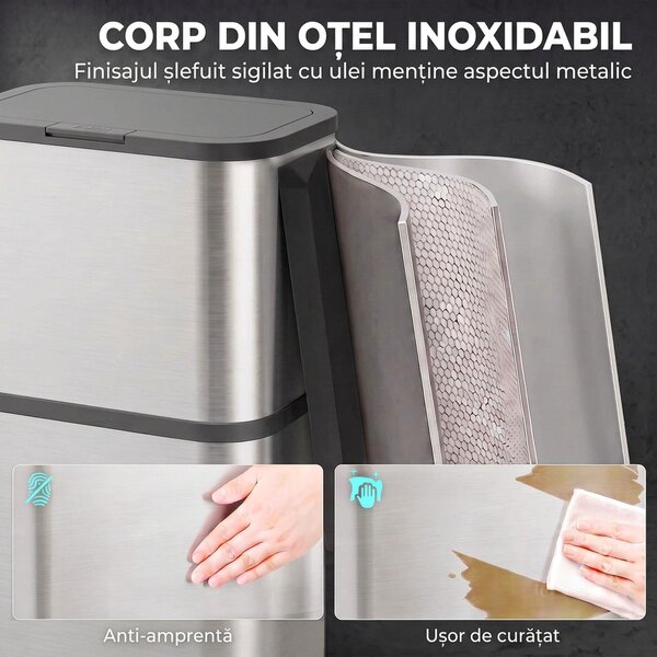 HOMCOM Coș de gunoi dreptunghiular 60L din oțel inoxidabil cu capac, închidere amortizată, fixare sac, argintiu | Aosom Romania