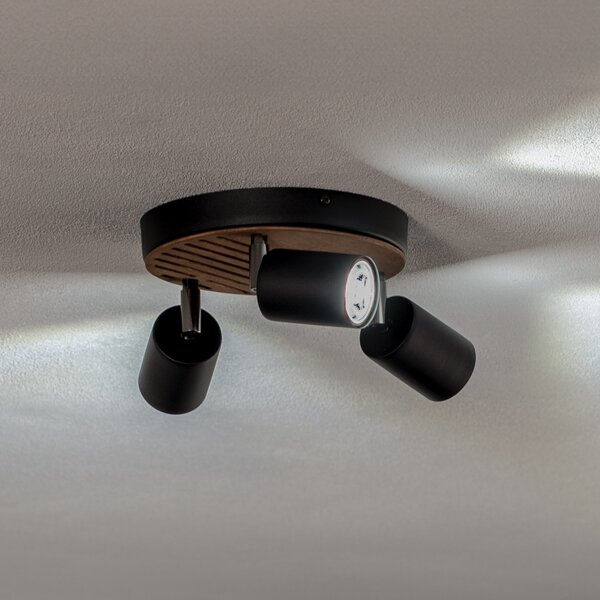 Envostar Tino Spot de tavan 3 becuri rotund negru/lemn, reglabil, Negru, Camera de zi / sufragerie, Metal