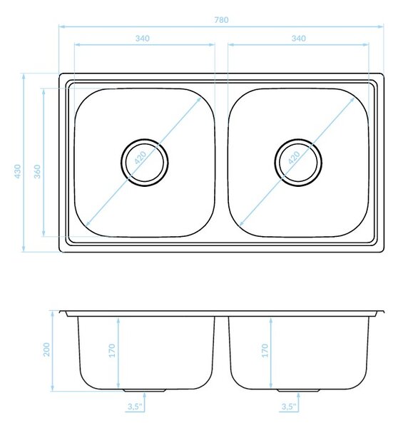 Kuchinox STANDARD, chiuvetă de bucătărie din oțel cu 2 compartimente 780x430x170 mm, SKS_020T