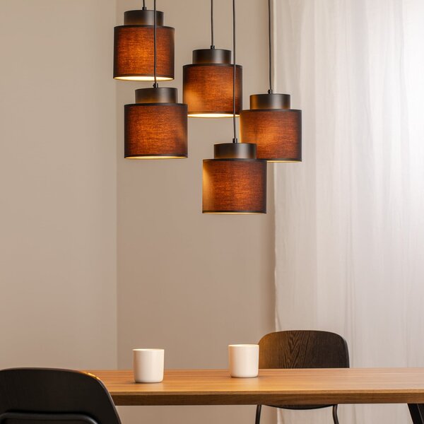 Luminex Lampă suspendată Soho cilindrică rotundă 5 becuri negru/auriu, reglabil, Negru, Camera de zi / sufragerie, Țesătură / Textil, Modern