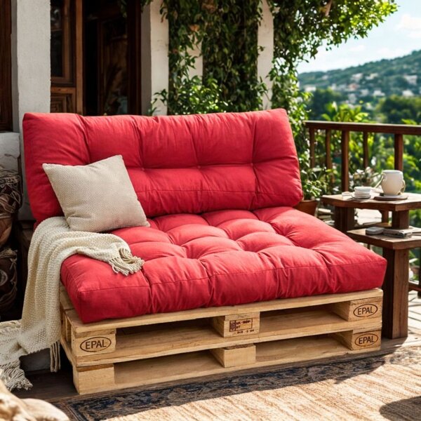 Set 2 perne groase pentru paleti gradina, saltea si spatar, Rosii