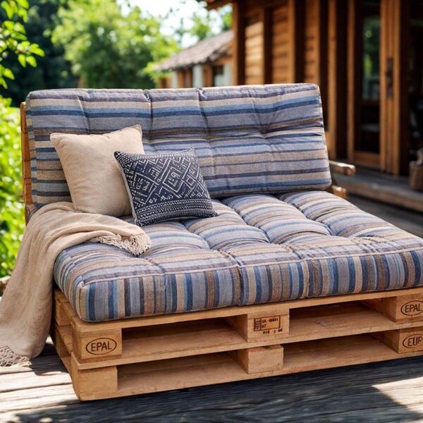 Set 2 perne groase pentru paleti gradina, saltea si spatar, Albastru cu dungi