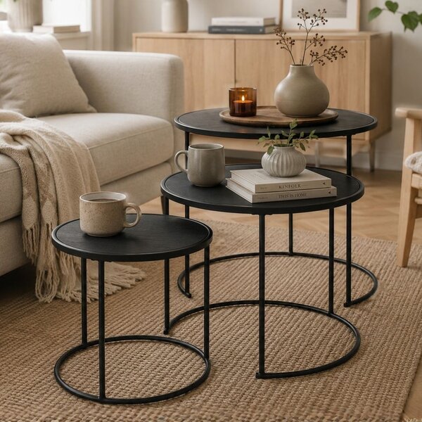 Set 3 măsuțe de cafea,rotunde, negre, 55/45/35 cm, design modern industrial, blat MDF și structură metalică