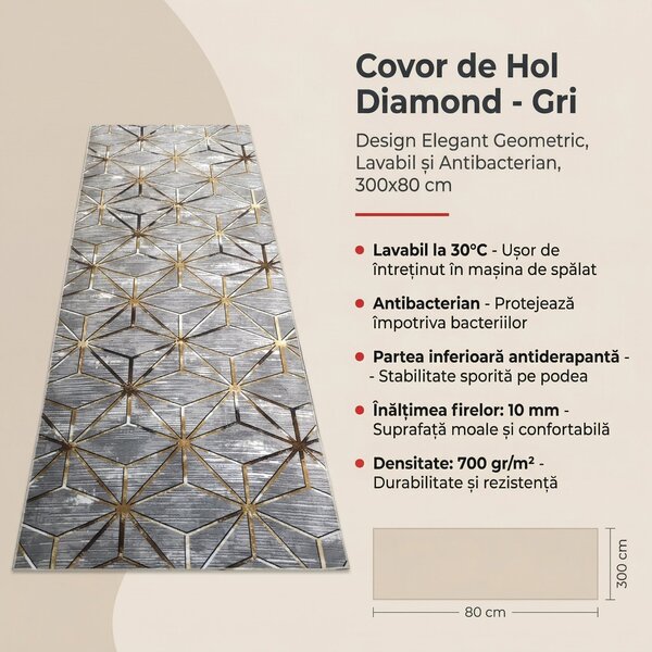 Covor de Hol Diamond, Lavabil, Antibacterian, Antiderapant, Gri, 300x80 cm