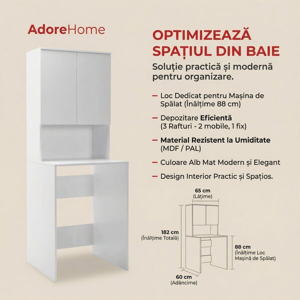 Dulap Baie Adore cu Loc Pentru Masina de Spalat, 3 Rafturi, 2 Usi, Alb, 65x182x60 cm