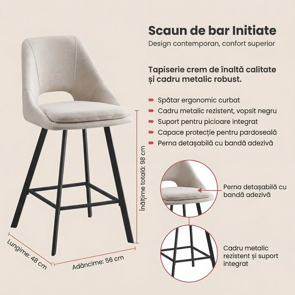 Scaun de bar Initiate, Crem - Bej, 48x56x98 cm