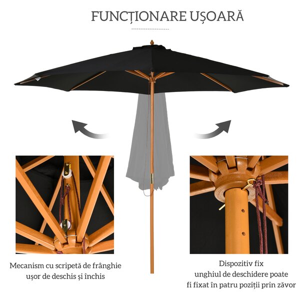 Outsunny Umbrelă de Grădină 3 m cu Stâlp din Lemn, 8 Spițe și Acoperire din Poliester, Neagră | Aosom Romania