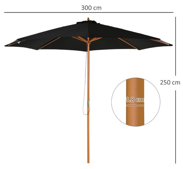 Outsunny Umbrelă de Grădină 3 m cu Stâlp din Lemn, 8 Spițe și Acoperire din Poliester, Neagră | Aosom Romania