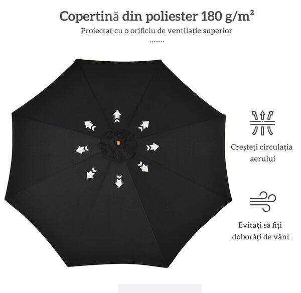 Outsunny Umbrelă de Grădină 3 m cu Stâlp din Lemn, 8 Spițe și Acoperire din Poliester, Neagră | Aosom Romania