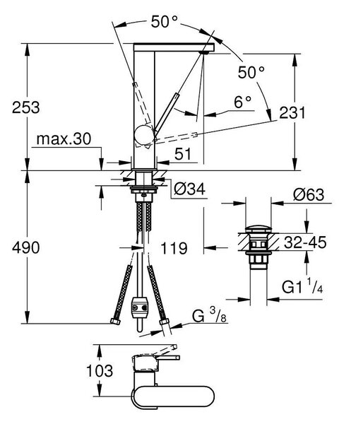 Grohe Plus - Baterie pentru lavoar L, cu ieșire Push-Open și capăt extras, crom 23844003