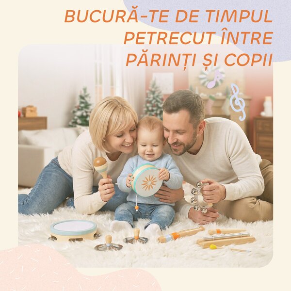 AIYAPLAY Instrumente Muzicale pentru Copii, Jucării Muzicale Montessori din Lemn pentru Copii 3+, Set de Percuție cu Tamburină și Maracas, Cadou pentru Fete și Băieți | Aosom Romania