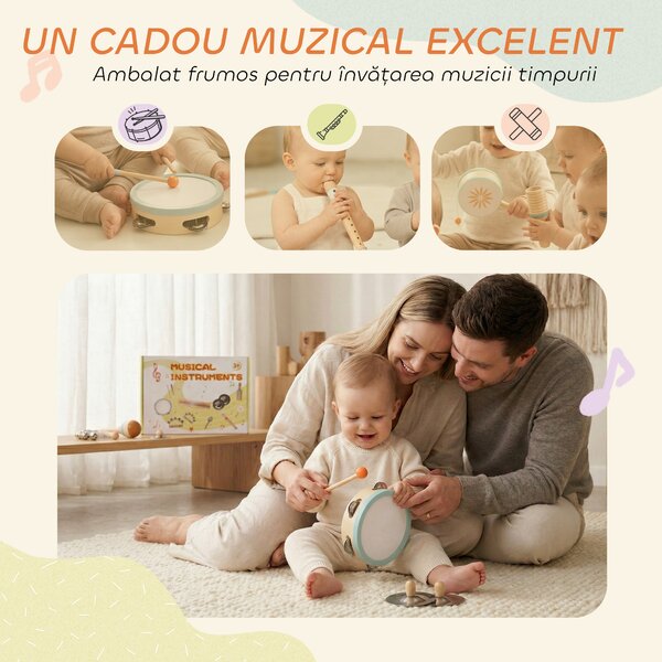 AIYAPLAY Instrumente Muzicale pentru Copii, Jucării Muzicale Montessori din Lemn pentru Copii 3+, Set de Percuție cu Tamburină și Maracas, Cadou pentru Fete și Băieți | Aosom Romania
