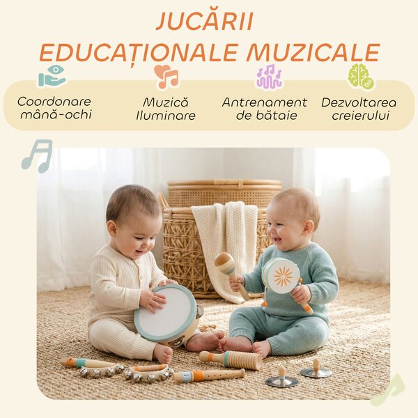 AIYAPLAY Instrumente Muzicale pentru Copii, Jucării Muzicale Montessori din Lemn pentru Copii 3+, Set de Percuție cu Tamburină și Maracas, Cadou pentru Fete și Băieți | Aosom Romania