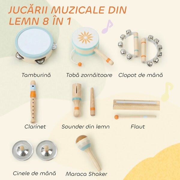 AIYAPLAY Instrumente Muzicale pentru Copii, Jucării Muzicale Montessori din Lemn pentru Copii 3+, Set de Percuție cu Tamburină și Maracas, Cadou pentru Fete și Băieți | Aosom Romania