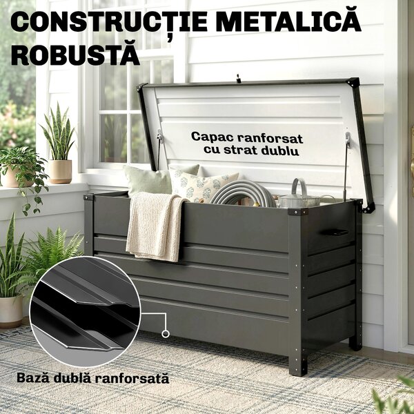 Outsunny Ladă 430L, Recipient Metalic cu Capac Blocabil, Roți, Mânere Laterale, Gri | Aosom Romania