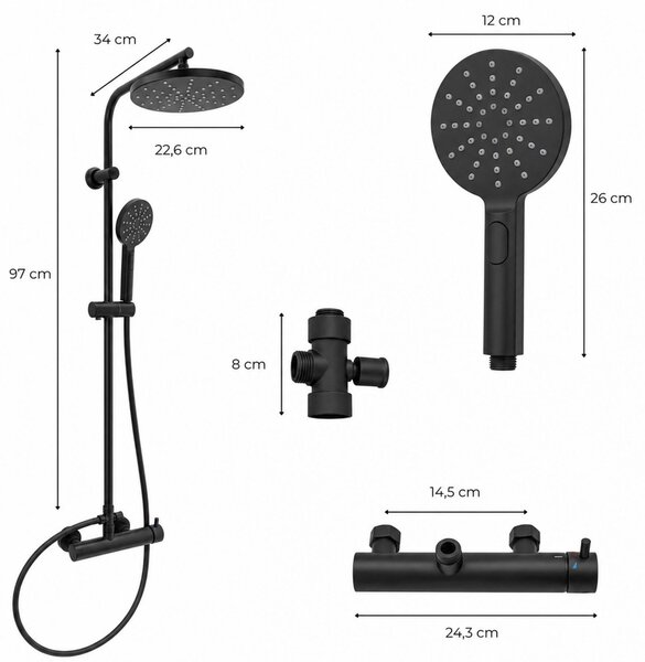 Erga Dubai, set de duș cu baterie și cap de duș 23 cm, negru mat, ERG-YKA-BP.DUBAJ23-BLK
