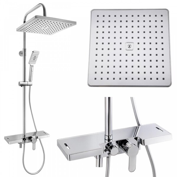Erga Oslo, set de duș cu baterie, raft, pipă și cap de duș 30×30 cm, cromat, ERG-YKA-BP.OSLO-30-CHR