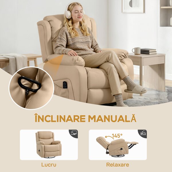 HOMCOM Fotoliu de Ralaxare cu 8 puncte de masaj și Încălzire, Fotoliu Reclinabil cu Suport pentru Picioare, 97x92x104 cm, Bej | Aosom Romania