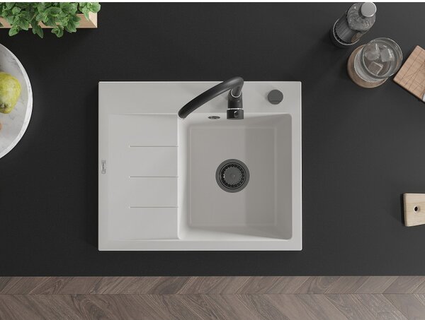 Mexen Ben, chiuvetă granit cu 1 cameră 600x500x190 mm, dreapta + sifon negru, alb, 6523605000-20-B