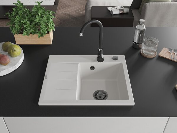 Mexen Ben, chiuvetă granit cu 1 cameră 600x500x190 mm, dreapta + sifon negru, alb, 6523605000-20-B