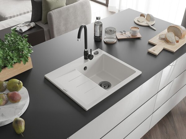 Mexen Ben, chiuvetă granit cu 1 cameră 600x500x190 mm, dreapta + sifon negru, alb, 6523605000-20-B