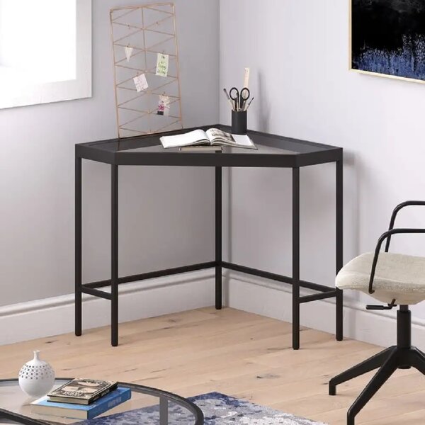 Masa birou colt Corner,sticla,Homs, 100 x 75 x 75 cm, negru
